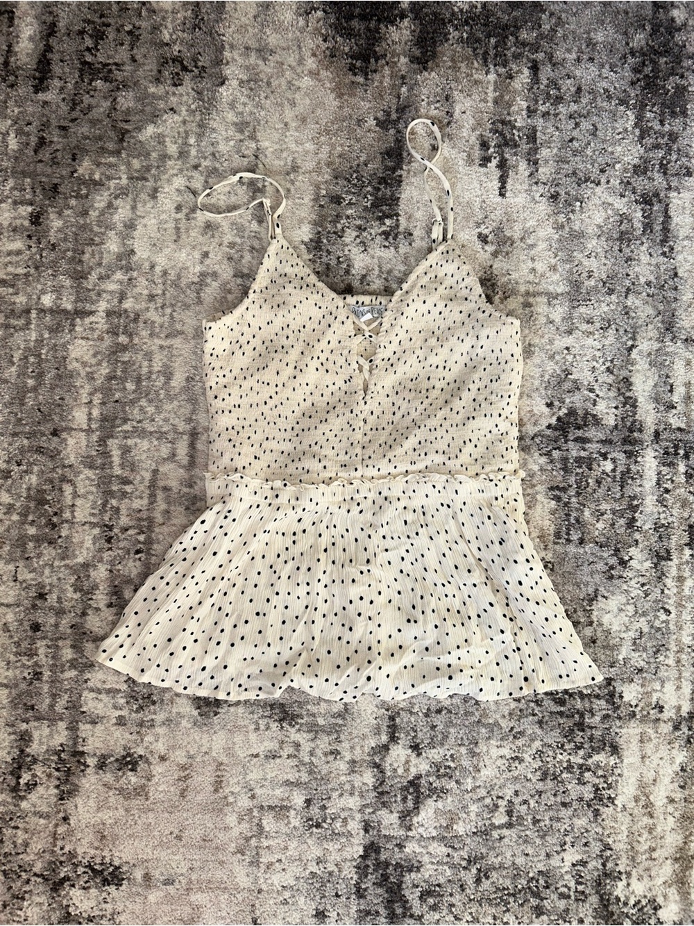 Patrons of Peace Cream Polka Dot Spaghetti Strap Peplum Top